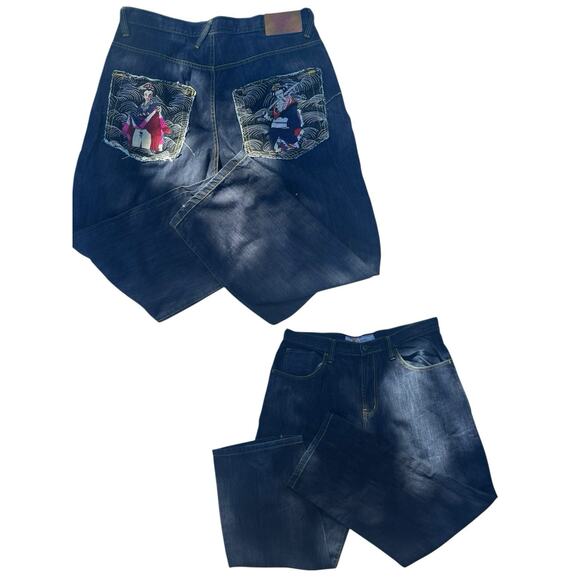 Vintage Japanese Embroidered Geisha Jeans Men’s Size 36 Y2K Streetwear Art Denim - Picture 1 of 6